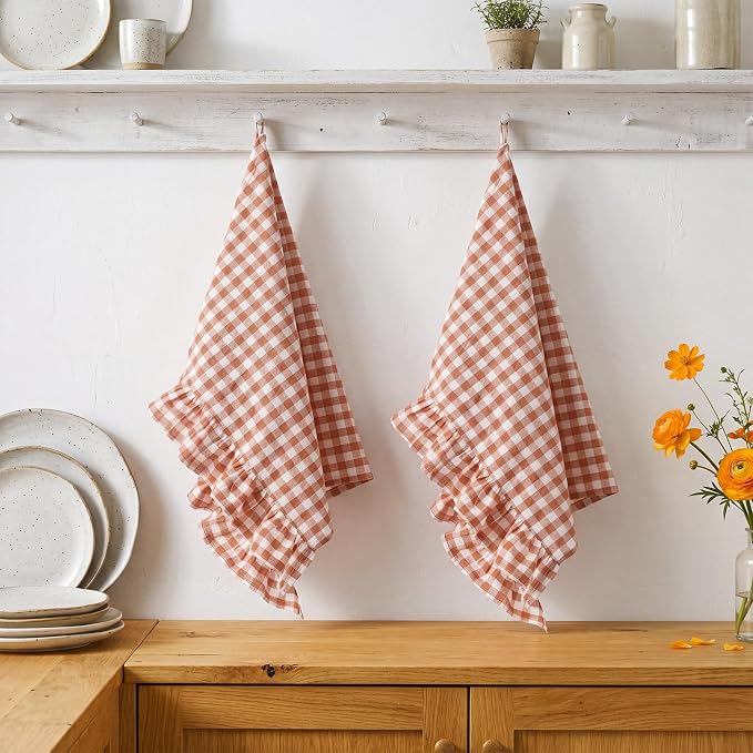 HunnmingRe 2 Pcs Orange Gingham Kitchen Towels Cotton Ruffled | Checked Dish Towels 18"x28" Tea Cloths Plaid Cottage Core Kitchen Decor for Farmhouse Charm Drying Dishes Entertaining Guests