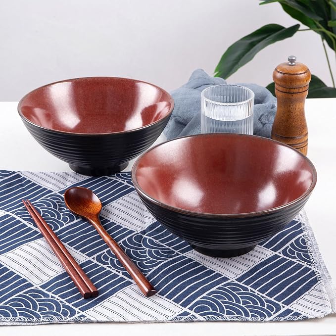 Ceramic Japanese Ramen Bowl Set, 2 Sets Asian Pho Udon Soup Noodle Bowls with Spoons and Chopsticks (Red, 8 inches)