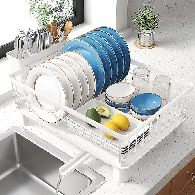 SNTD Dish Drying Rack for Small Kitchen Counter, 12.9" W x 16.9" L, White | Space Saving, Rotating Spout & Angled Drainboard for Quick Drainage, Stainless Steel, Removable Utensil Holder