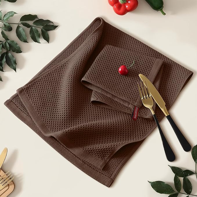 Kitinjoy 100% Cotton Waffle 4-Pack Kitchen Towels, 13" x 28", Coffee | Super Soft, Ultra-Absorbent, Fast Drying, lightweight, Quick Drying Kitchen Hand Towels