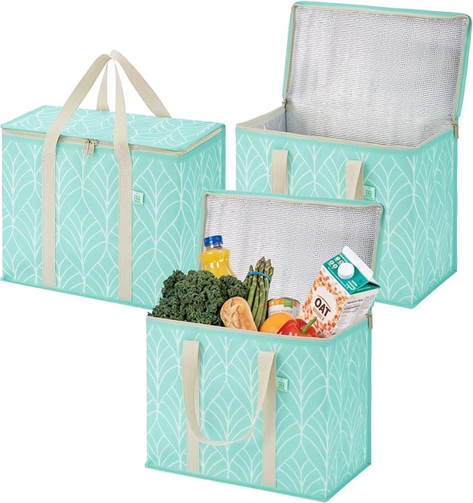 VENO 3 Pack Insulated Cooler Bag Reusable Grocery Bag for Food Delivery | Heavy Duty Large Collapsible Cooler Shopping Tote w/ Zippers, Foldable, Stands Upright for Camping Picnic(Evergreen, 3 Pack)