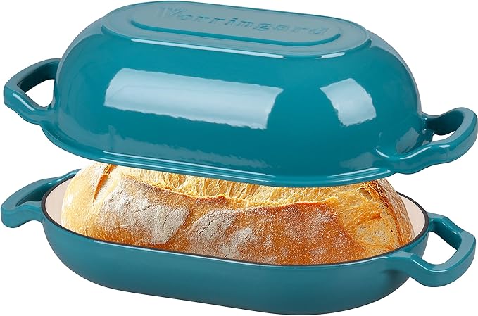 VORRINGARD Enameled Cast Iron Sourdough Bread Oven, Dutch Oven, Loaf Cast Iron Bread Pan for Homemade Bread Baking, Meatloaf Pan with Lid, 5QT, Bluegreen