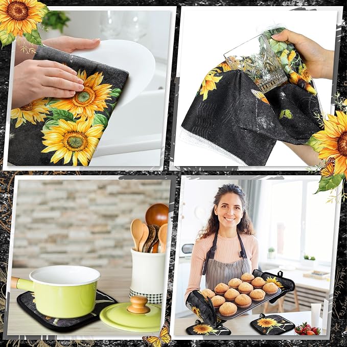 Fourluoo 10 Pcs Vintage Sunflower Kitchen Dish Towels Rugs Oven Mitts and Pot Holders Set Farmhouse Kitchen Decor Set for Women Mom Daughter Gift Cooking Baking Grilling(Vintage Gray)