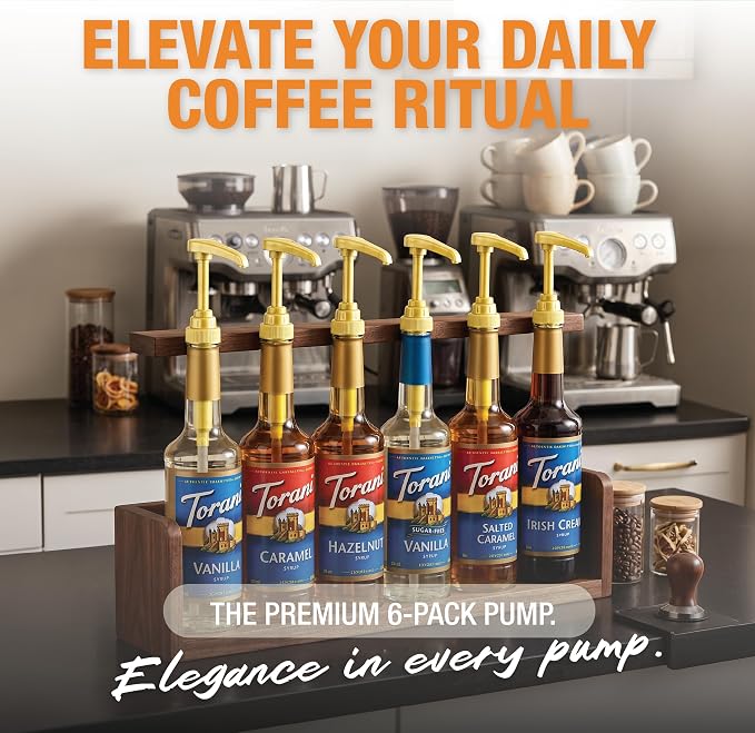 6 pack Coffee Syrup Pump Dispenser (Gold) - Compatible with Torani, Davinci and Skinny Syrup Bottles (750 ml 25.4 oz Bottles)