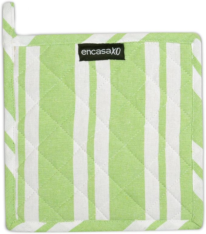 Encasa XO Pot Holders, Quilted Kitchen Hot Pads 8"x8" Franca Lime Stripes | 100% Eco-Friendly Cotton | Thick Cotton Padding Insulation | Convenient Hanging Loop | Set of 2