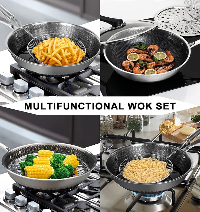 MICHELANGELO Wok Pan with Lid, 12 Inch Stainless Steel Wok with Spider Strainer and Steaming Rack, Honeycomb & Stir-fry Pans Flat Bottom Wok Induction Compatible, Dishwasher and Oven Safe