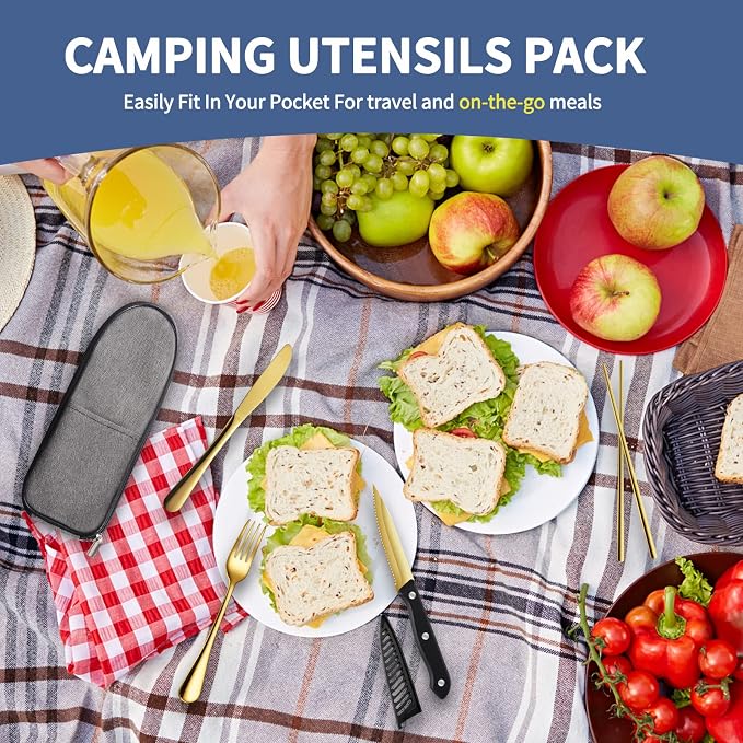 Logcow Travel Utensils with Case,Reusable Utensils,Portable Travel Camping Cutlery Set,Stainless Steel Flatware Set,Lunch Boxes Workplace Camping School Picnic (Gold)