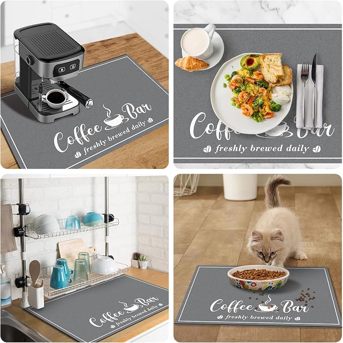 CooRug Fashion Coffee Mat, Dish Drying Mat 16" x 24" Dark Grey | Hide Stain, Absorbent, Coffee Bar Accessories, Heat Resistant, Non-slip, Eco-friendly, Easy to Clean