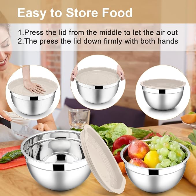 E-far Mixing Bowls with Lids Set, 6-Piece Stainless Steel Salad Bowls | Metal Nesting Cooking Bowls with Airtight Lid for Kitchen Storage, Baking & Prepping, Dishwasher Safe, 1.5/3/4.5 QT, Khaki
