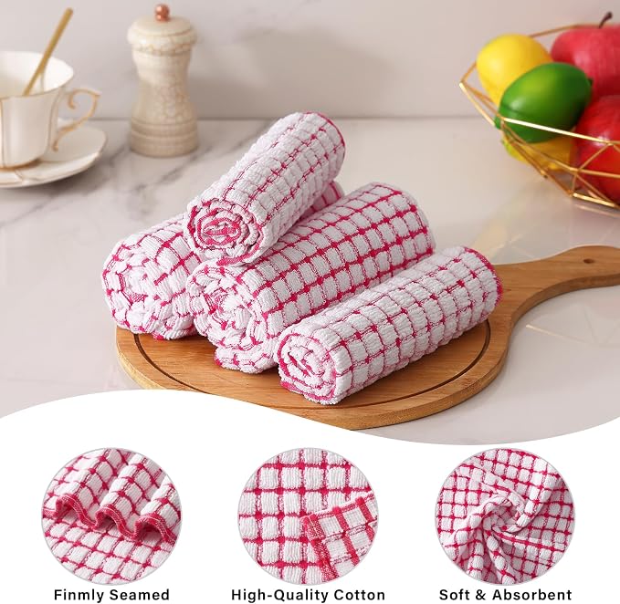 Kitinjoy Cotton 12 Pack Terry Kitchen Dish Cloths, Red | 12 x 12 Inches Super Soft and Absorbent Dish Rags, Quick Drying Dish towels for Washing Dishes