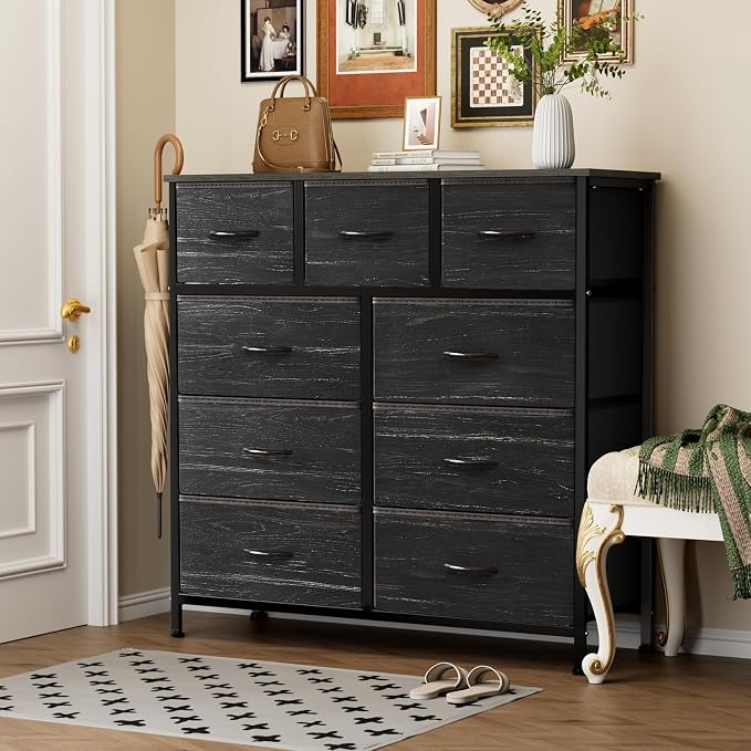 Sweetcrispy 9 Drawer Fabric Dresser Storage Tower Drawer Organizer | Sturdy Steel Frame with Wood-top, Easy-pull Handles, Space-Saving Organizer Chest for Bedroom, Closet, Black Wood Grain