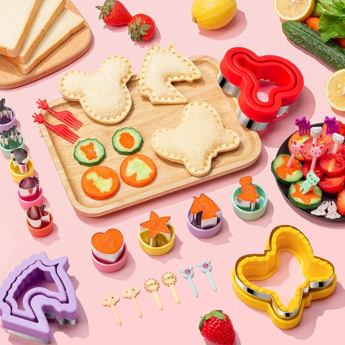 48Pcs Sandwich Cutters & Sealers for Kids Lunch, Cookie Fruit Shape Cutters | Uncrustable Sandwich Maker Vegetable Food Cutter Shapes for Toddlers, Lunch & Bento Box Accessories w/ Heart Dinosaur Unicorn
