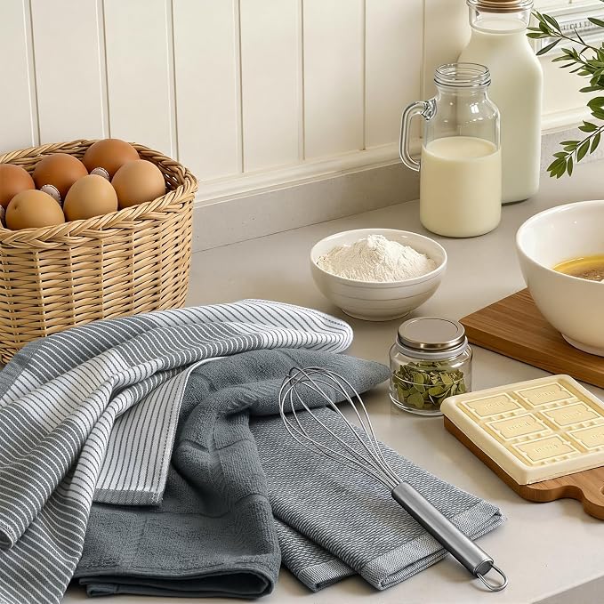 Homaxy 3 Pack Cotton Terry Premium Kitchen Towels, 18 x 28 in, Grey | Large 380 GSM Dish Towels, Highly Absorben Flat & Terry Kitchen Hand Towels, Soft Utility Tea Towel Set with Hanging Loop
