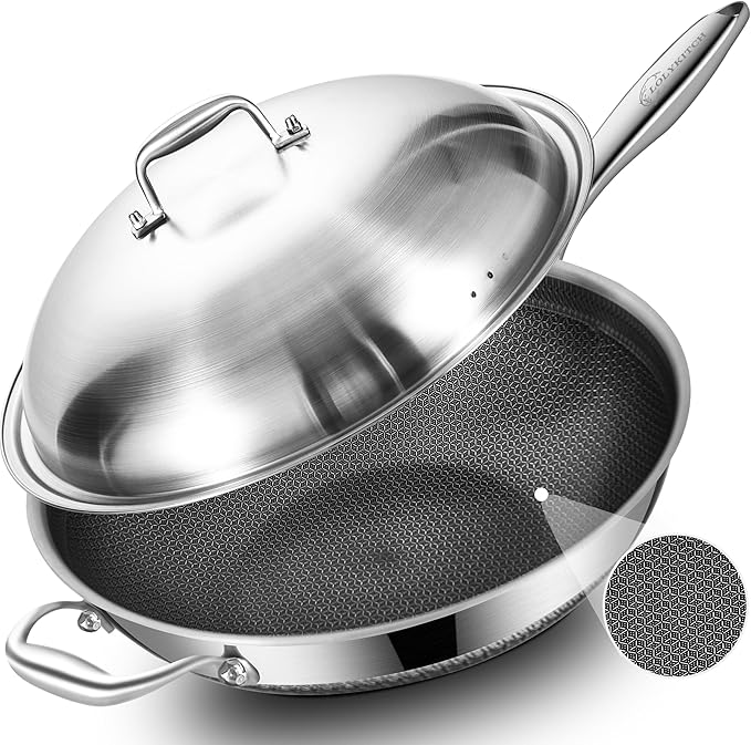 Hybird Nonstick Wok Pan with Steel Lid | 14.5-Inch | Detachable Handle | Non Toxic | Tri-Ply Stainless Steel | Ceramic Coating | Stir Fry Pan | Induction Compatible | Dishwasher & Oven Safe