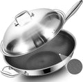Hybird Nonstick Wok Pan with Steel Lid | 14.5-Inch | Detachable Handle | Non Toxic | Tri-Ply Stainless Steel | Ceramic Coating | Stir Fry Pan | Induction Compatible | Dishwasher & Oven Safe