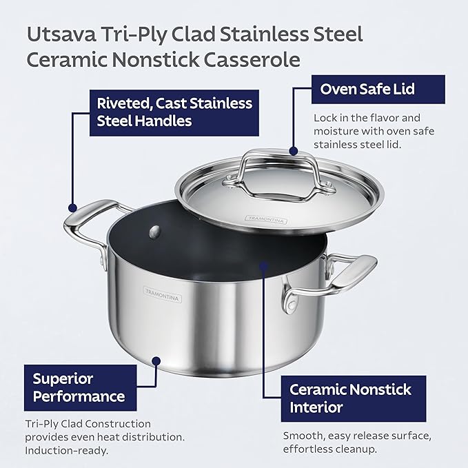 Tramontina Utsava Tri-Ply Clad Stainless Steel 5-Quart Casserole with Lid | Ceramic Non Stick Interior, Induction-Ready Dutch Oven Pot