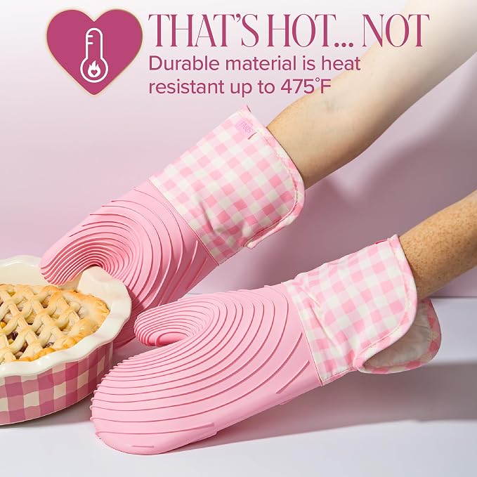Paris Hilton Oven Mitt Set with Limited Edition Pink Gingham Design, Heat Resistant Pot Holders Featuring Non-Slip Textured Silicone Grips, 2-Piece Set, Pink