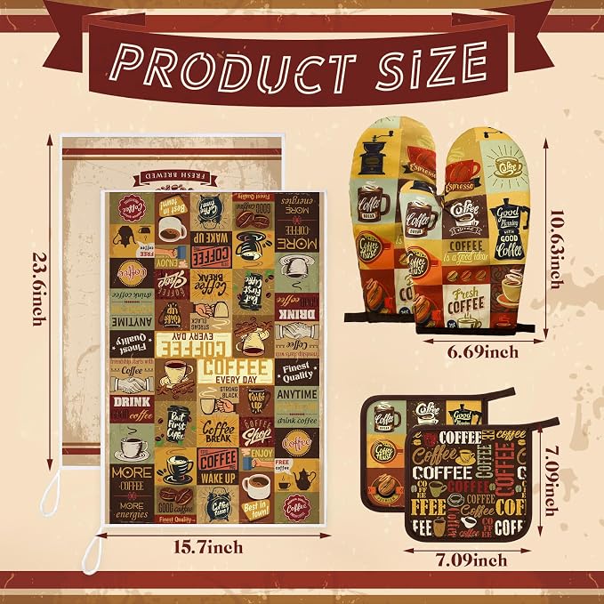 Bencailor 6 Pcs Coffee Kitchen Decor Coffee Kitchen Towels Brown Pot Holders and Oven Mitts Sets 2 Farmhouse Cooking Mittens for Cooking Grilling Supply Accessories