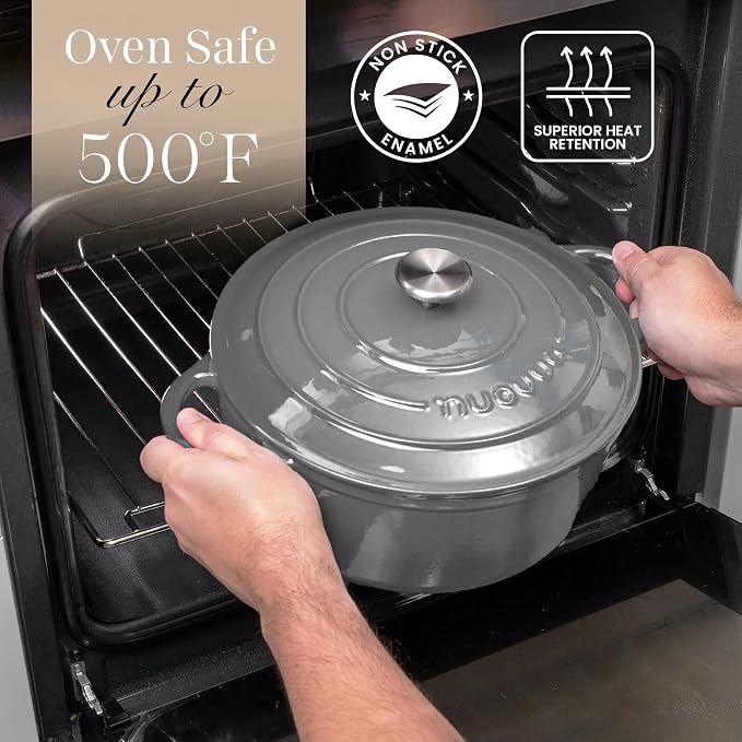 Cast Iron Dutch Oven with Lid - Non-Stick Ovenproof Enamelled Casserole Pot- Sturdy Dutch Oven Cookware - Grey, 7.3- Quart, 30cm- by Nuovva