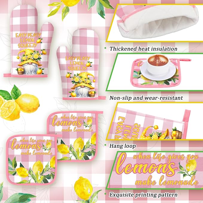 Fourluoo 10 Pcs Lemon Kitchen Decor and Accessories Set Lemon Kitchen Rugs Towels Pot Holders Oven Mitts Set for Cooking Baking Mom Housewarming Gifts