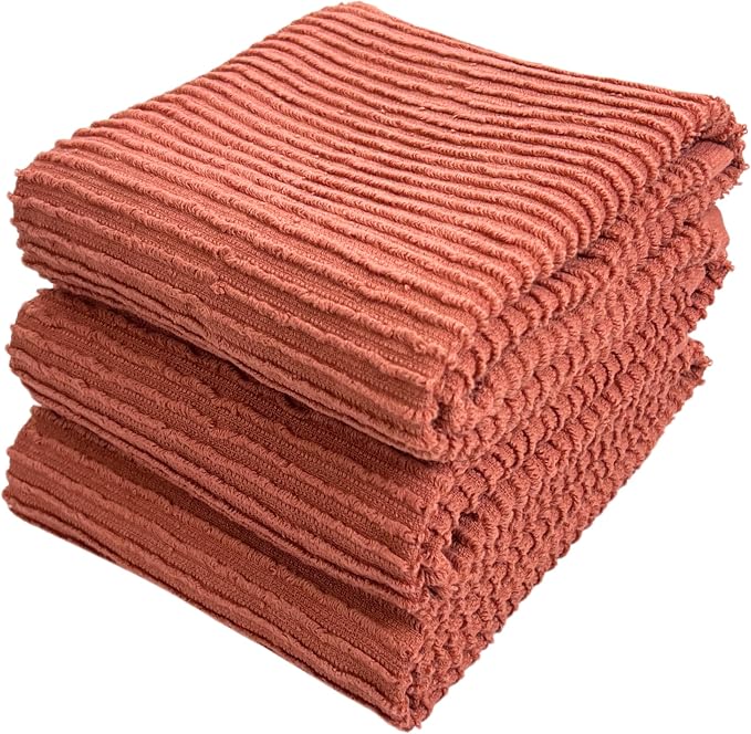 Peach Coral Salmon Kitchen Dish Towels, Set of 3, 100% Cotton, 18" x 28" | Terry Loop Ribbed Textured, Soft & Absorbent Cleaning Cloth, Quick Dry, Multipurpose for Everyday Use