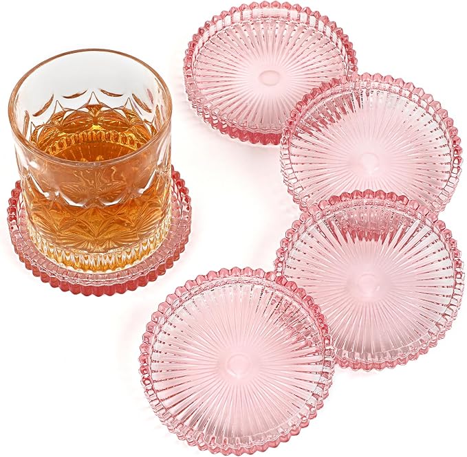 Modern Clear Coaster Set of 5- Glass Coasters for Drinks, Clear Pink | Crystal Coasters Round Cup Coaster Coffee Table Decor for Office, Kitchen, Bar, Dining Room, Living Room, Patio