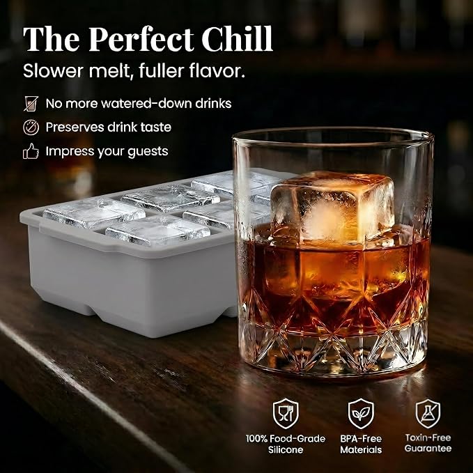 KitchFort® Large Silicone Ice Cube Tray (3-Pack) - 2" Big Ice Mold with Lid | Easy Release, Cocktail, Whiskey Ice Cubes Mold - Food Grade - Ice Cube Trays for Freezer - Stackable Silicone Ice Tray