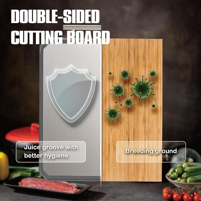 SNOWCLAD Stainless Steel Cutting Board Set of 2 for kitchen | Non-Toxic Metal Cutting Board,Double Sided Stainless Steel/Wheat straw pp Large for meat,Dishwasher Safe [16*11+12*8.3 Inch]