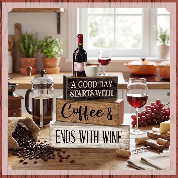 Lineshading 4 Pcs Coffee and Wine Bar Decor Farmhouse Kitchen Counter Decor | Rustic Tabletop Display, Bar Decor for Coffee Wine Lovers, Farmhouse Kitchen Counter Gift, Layered Wooden Blocks