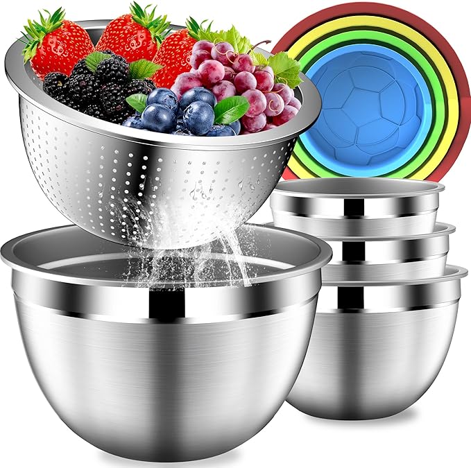 DUTZUN Colorful Mixing Bowls with Strainer, Mixing Bowl with Lids Set, Stainless Steel Mixing Bowls, Kitchen Gadgets Salad Bowls with Strainer for Mixing & Preping & Serving