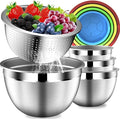 DUTZUN Colorful Mixing Bowls with Strainer, Mixing Bowl with Lids Set, Stainless Steel Mixing Bowls, Kitchen Gadgets Salad Bowls with Strainer for Mixing & Preping & Serving