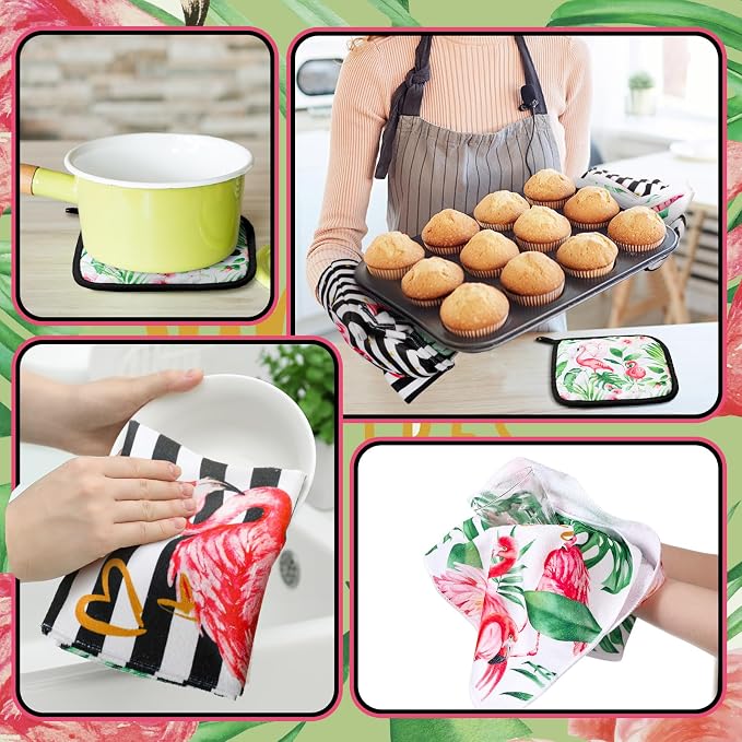 Bencailor 6 Pcs Flamingo Kitchen Towels Oven Mitts and Pot Holders Set Decorative Dish Towels Tea Washcloth Non Slip Heat Resistant Oven Gloves for Summer Home Cooking Baking, Pink