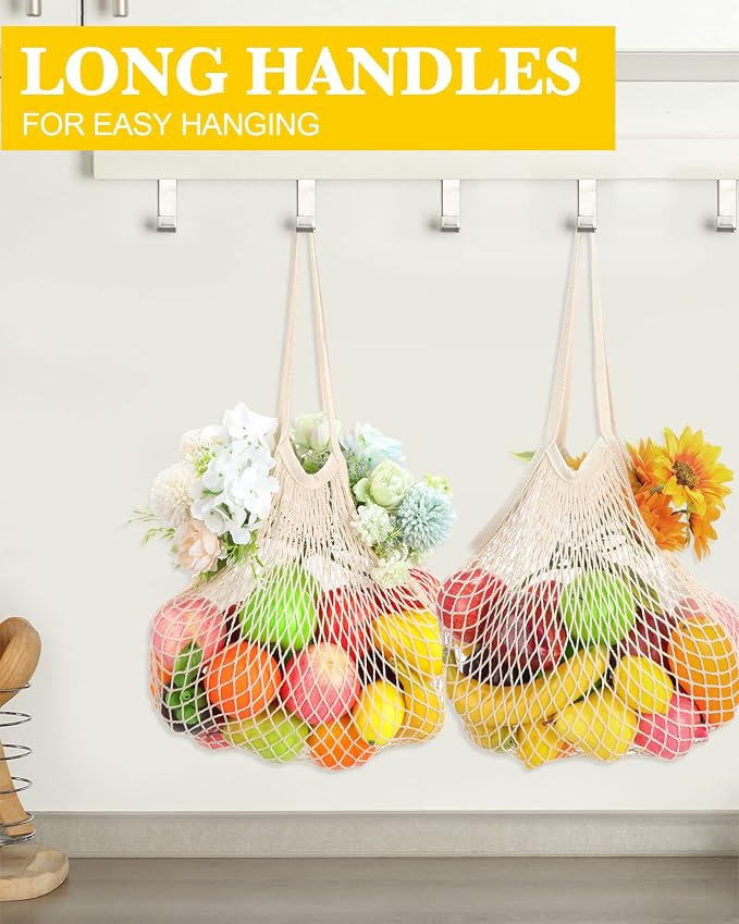 Woanger 24 Pcs Beige Long Handle Reusable Cotton Mesh Produce Shopping Bags Washable Grocery Net Portable Fruit and Vegetable Cotton String Bags Net Tote Organizer (Pack of 2)