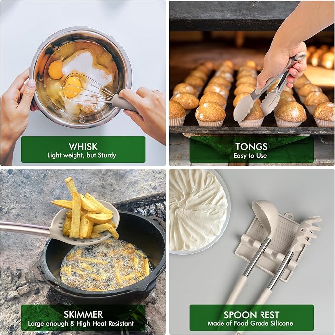 HOTEC 446°F Heat Resistant Silicone Kitchen Utensils, Cooking Utensil Set, Spatula Set, BPA Free, Kitchen Gadgets, With Stainless Steel Utensils Holder, Dishwasher Safe 14pcs Khaki