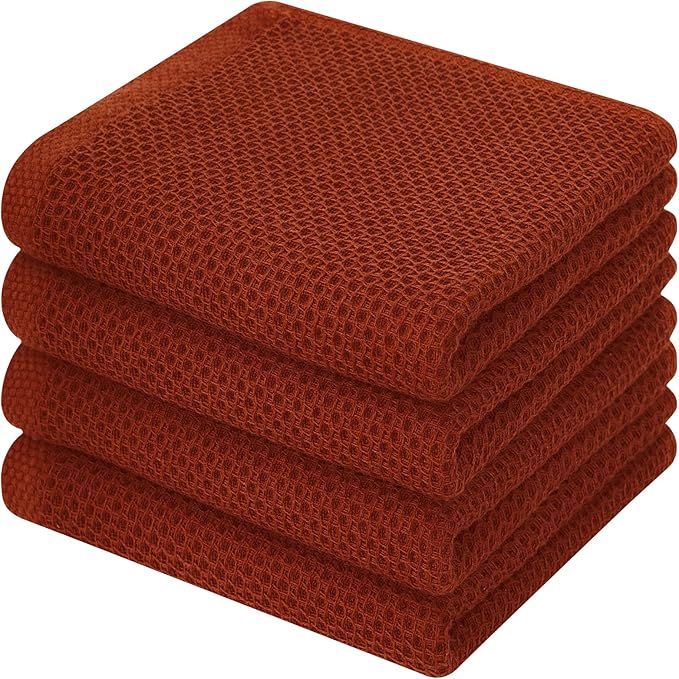 Kitinjoy 100% Cotton Waffle 4-Pack Kitchen Towels, 13" x 28", Rust | Super Soft, Ultra-Absorbent, Fast Drying, lightweight, Quick Drying Kitchen Hand Towels