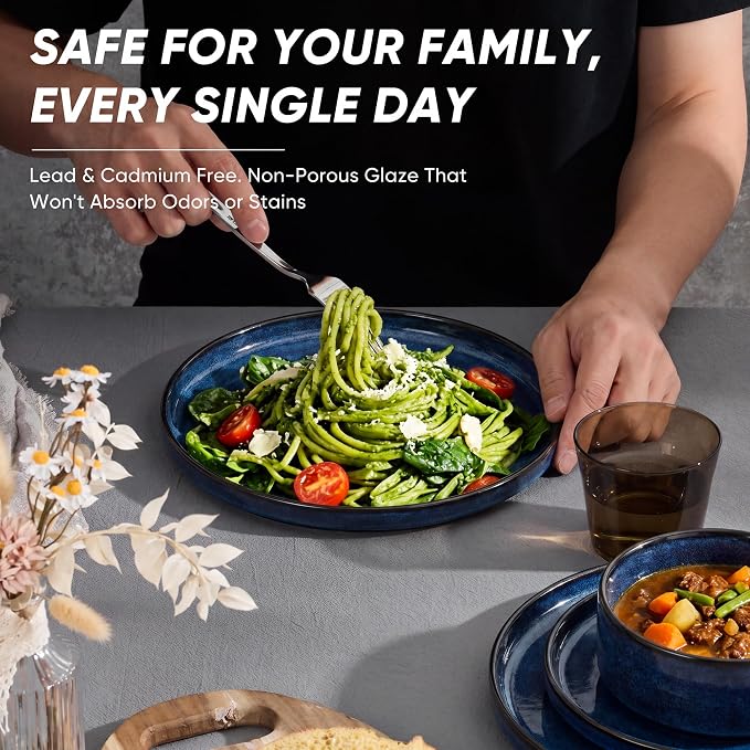 E-far Stoneware Dinnerware Set, 12-Piece Plates and Bowls Sets for 4 | Modern Dishes for Kitchen Dining, Reactive Glazing & Ripple Design, Chip Resistant, Microwave & Dishwasher Safe, Starry Blue