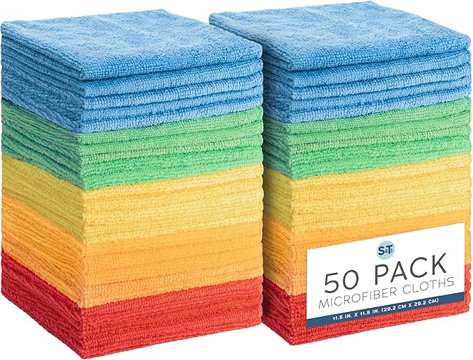 S&T INC. Microfiber Cleaning Cloth, 50 Pack, 11.5" x 11.5" | Bulk Cleaning Cloth for Home and Car, Reusable and Multi-Purpose Cleaning Rags for Business, Machine Washable