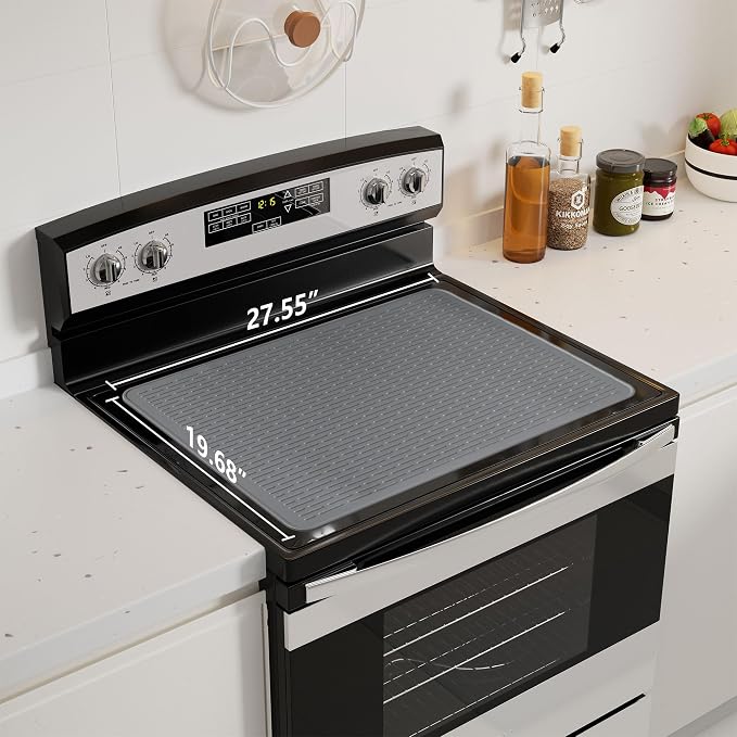 Stove Top Cover for Electric Stove - Food Grade Ceramic Stove top Cover, Silicone XXL Dish Drying Mat, Glass Cooktop Covers, Flat RV Range top Mats (Gray,28x20)