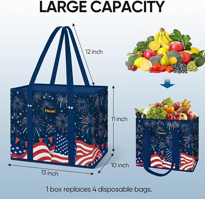 BALEINE 3PK Reusable Grocery Bags, Heavy Duty Shopping Tote Bag | 12'' Long Handles, Reinforced Bottom Keeps Upright, Fold Flat Storage, Water-Resistant Shopping Bag, Multiple Color Options