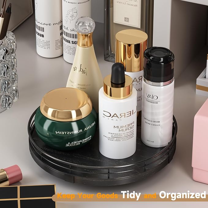 AMH 9-Inch Oak Lazy Susan Vanity Tray with Black Brush Gold Metal Frame | Smooth rotating oak tray with walnut finish for dining tables, kitchen counters, pantries and cabinet storage.