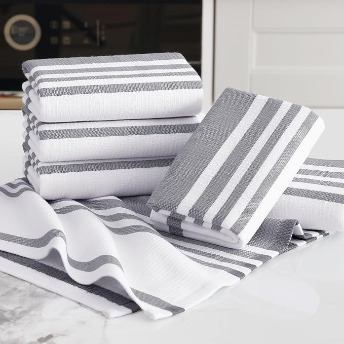 Homaxy Premium Cotton Stripe Kitchen Towels 3 Pack, 18"x 28", Grey | Large 380 GSM Kitchen Hand Towels, Soft Terry Dish Towels, Highly Absorbent Tea Towel Set with Hanging Loop