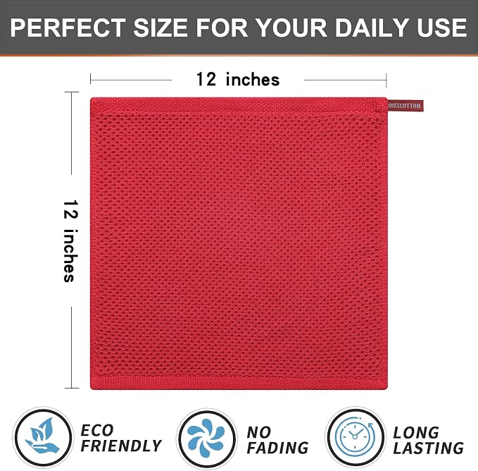 Kitinjoy 100% Cotton Kitchen Dish Cloths, 6 Pack Waffle Weave Ultra Soft Absorbent Dish Towels for Drying Dishes Quick Drying Kitchen Towels Dish Rags, 12 X 12 Inches, Red | Ultra Absorbent, Super Soft, lightweight, Quick Drying Dish Rags for Washing D...