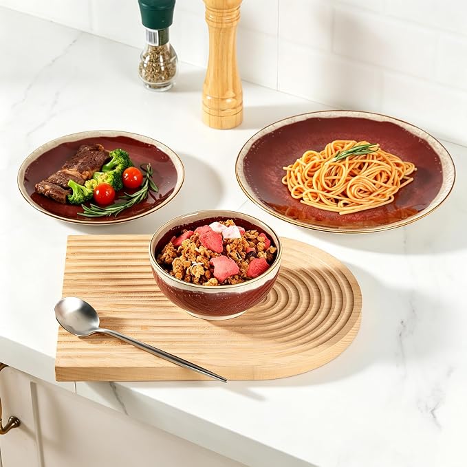 Sweejar 12 Pieces Ceramic Dinnerware Sets for 4, Burgundy Red | Gradient Glaze Plates and Bowls Set, Microwave & Dishwasher Safe, Stackable Dish Set, Scratch Resistant Dishware Sets