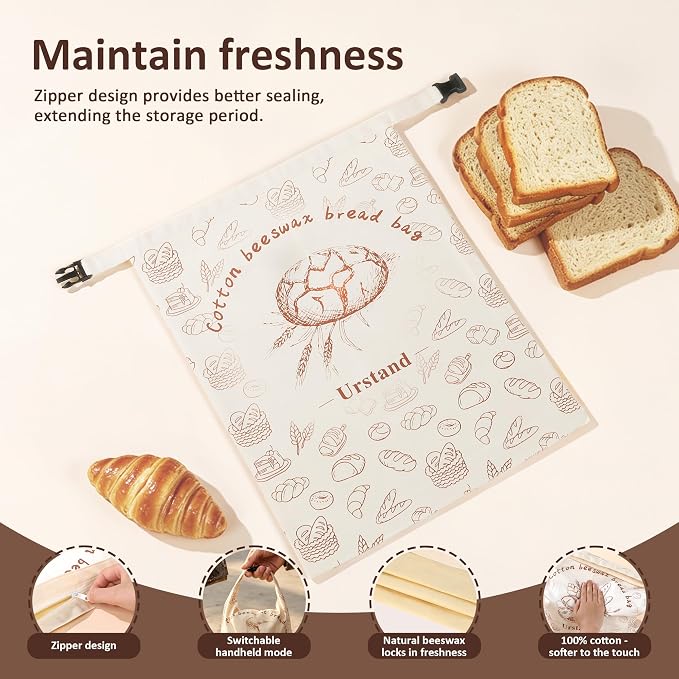 Beeswax Bread Bags for Homemade Bread, 3 Pack Large 16.9"x12.6" Reusable Natural Beeswax Lined Cotton Bags, Zipper and Lock Closure for Maximum Freshness, Zero Waste Kitchen Essential for Sourdough