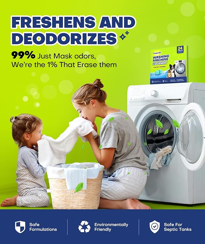 5X Power Deep Cleaning Washing Machine Cleaner Tablets, No More Odor & Pet Fur Enzyme Washing Machine Cleaning Tablets, Washer Cleaner For HE Top Front Load, Septic Safe, 24 Counts/1 Year Supply