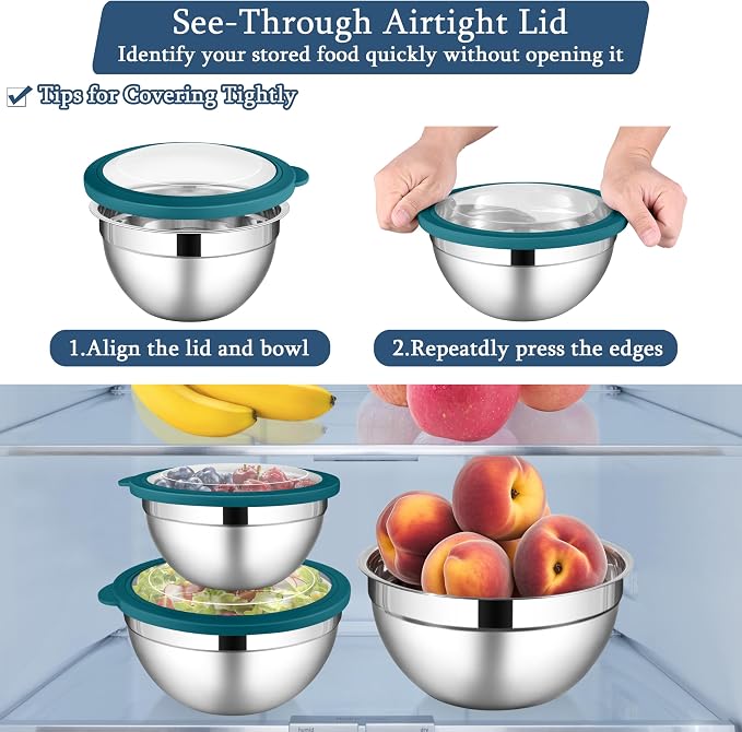 LIANYU Stainless Steel Metal Mixing Bowls, 3 Packs Nesting Bowl with Lid | Deep Bowls Set for Baking Cooking and Prepping, 4.6 & 3 & 1.5QT Large and Small Size, Include Visible & Airtight Lid, Blue