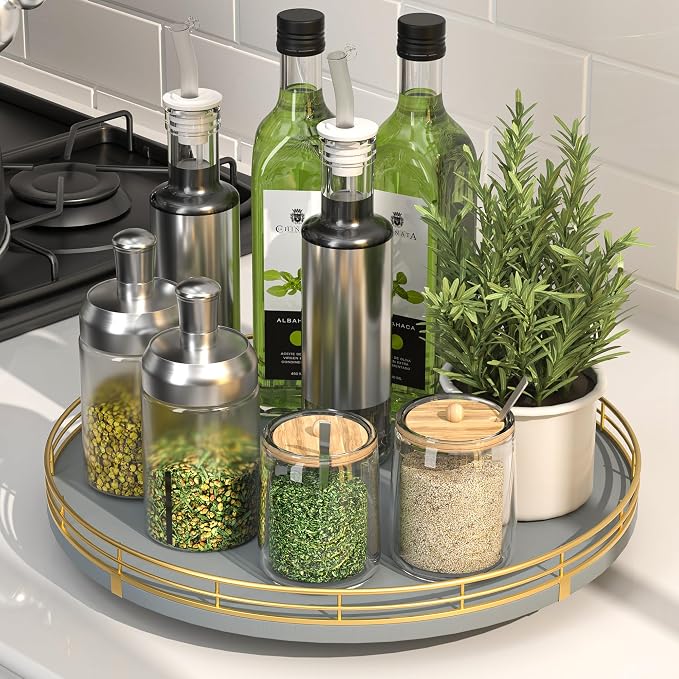 Oroyutor 12-Inch Gray Wooden Lazy Susan Spice Organizer with Gold Rail | Rotating oak tray organizes spices, toiletries and decor on kitchen counters, bathroom vanities, dining and coffee tables.