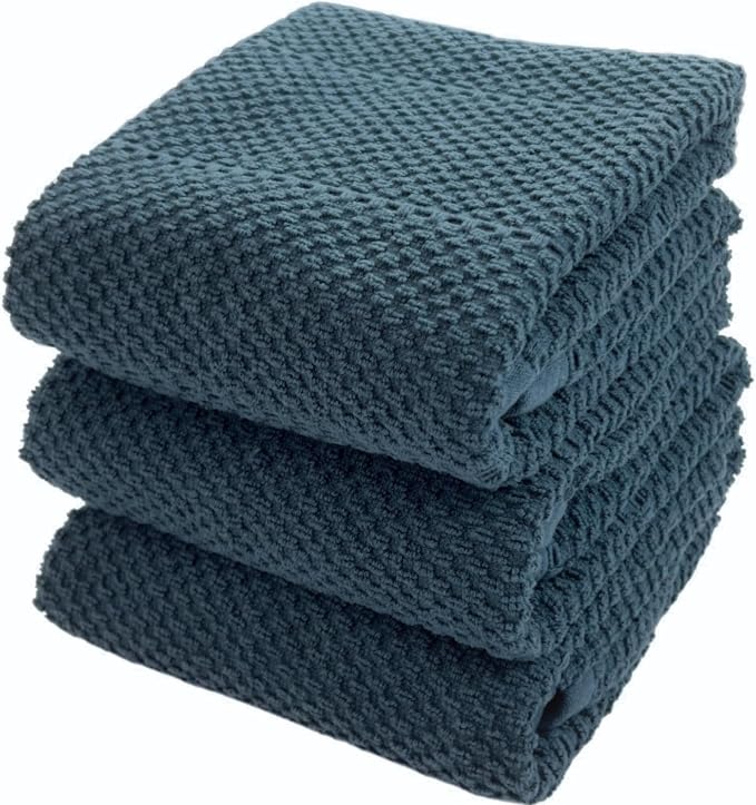Teal Dark Blue Kitchen Hand Dish Towels, Set of 3, 100% Cotton, 18" x 28" | Terry Loop Textured, Soft & Absorbent Cleaning Cloth, Quick Dry, Multipurpose for Everyday Use