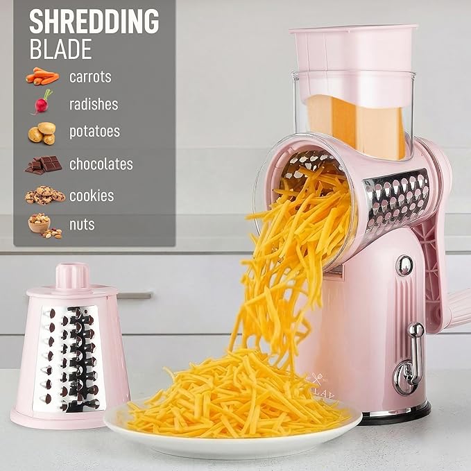Zulay Kitchen Rotary Cheese Grater 5 Blade Cheese Shredder - Manual Hand Crank Cheese Grater With Reinforced Suction & 5 Interchangeable Drums - Easy to Use, Vegetable Chopper Round Mandoline Slicer