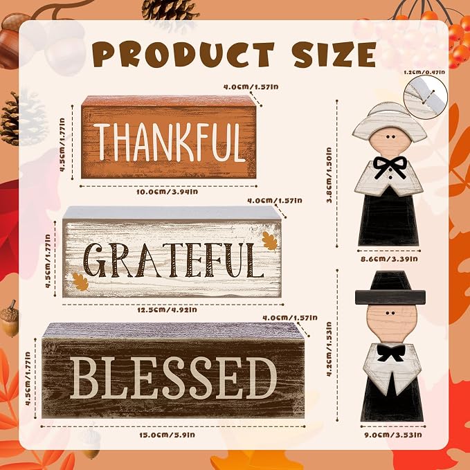 Lineshading 4 Pcs Wooden Fall Pilgrim Block Signs Tabletop Decor | Thanksgiving Home Decorations, Rustic Tiered Tray Accents, Thankful Grateful Blessed Text, Pilgrim Couple Figurines